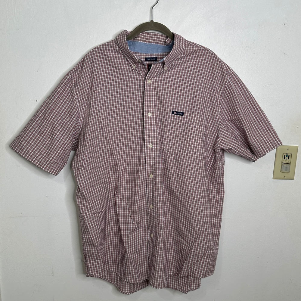 Chaps‎ Mens XXL Red White Micro Check Short Sleeve Easy Care Button Down Shirt